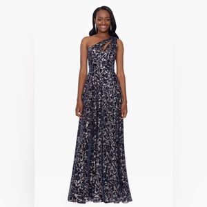 Tags still on blue and gold floor length gown